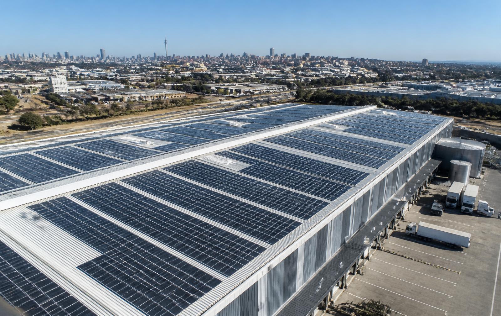 Large commercial rooftop solar array in Cape Town