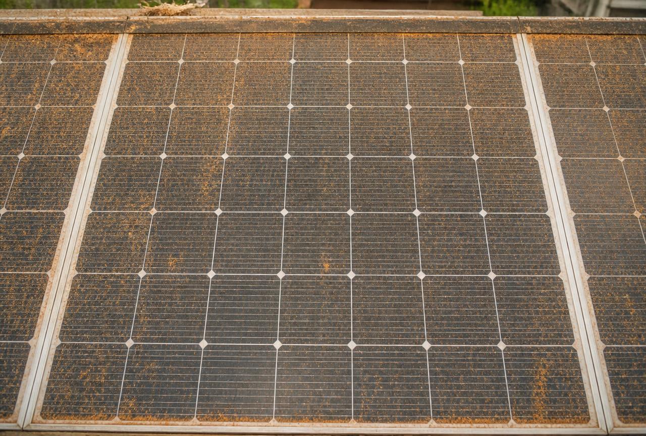 Solar panels covered in dust and pollen before cleaning